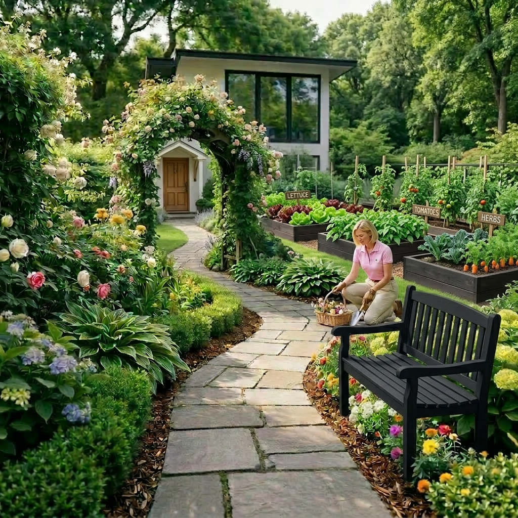 English cottage garden pathway scene Stone pathway flanked by colorful flowering plants and climbing roses leading to a timber-framed cottage